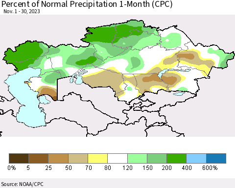 Kazakhstan Percent of Normal Precipitation 1-Month (CPC) Thematic Map For 11/1/2023 - 11/30/2023
