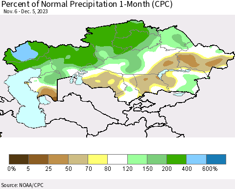 Kazakhstan Percent of Normal Precipitation 1-Month (CPC) Thematic Map For 11/6/2023 - 12/5/2023