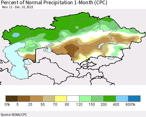Kazakhstan Percent of Normal Precipitation 1-Month (CPC) Thematic Map For 11/11/2023 - 12/10/2023