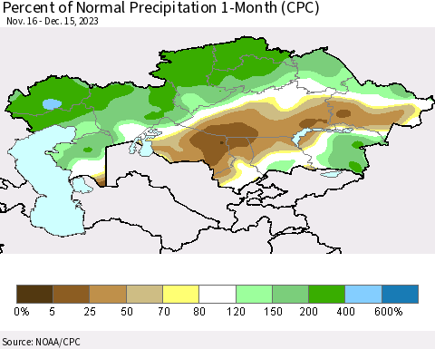 Kazakhstan Percent of Normal Precipitation 1-Month (CPC) Thematic Map For 11/16/2023 - 12/15/2023