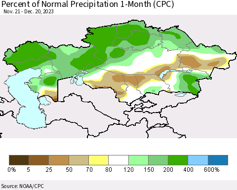 Kazakhstan Percent of Normal Precipitation 1-Month (CPC) Thematic Map For 11/21/2023 - 12/20/2023