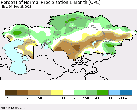 Kazakhstan Percent of Normal Precipitation 1-Month (CPC) Thematic Map For 11/26/2023 - 12/25/2023