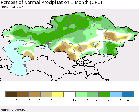 Kazakhstan Percent of Normal Precipitation 1-Month (CPC) Thematic Map For 12/1/2023 - 12/31/2023