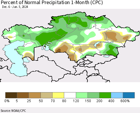 Kazakhstan Percent of Normal Precipitation 1-Month (CPC) Thematic Map For 12/6/2023 - 1/5/2024
