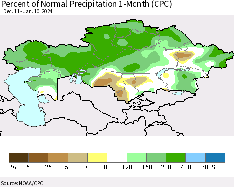 Kazakhstan Percent of Normal Precipitation 1-Month (CPC) Thematic Map For 12/11/2023 - 1/10/2024