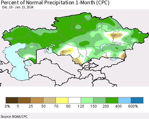 Kazakhstan Percent of Normal Precipitation 1-Month (CPC) Thematic Map For 12/16/2023 - 1/15/2024