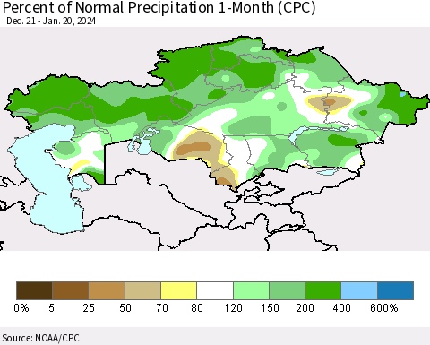 Kazakhstan Percent of Normal Precipitation 1-Month (CPC) Thematic Map For 12/21/2023 - 1/20/2024