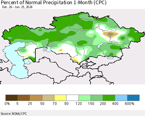 Kazakhstan Percent of Normal Precipitation 1-Month (CPC) Thematic Map For 12/26/2023 - 1/25/2024