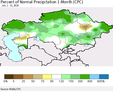 Kazakhstan Percent of Normal Precipitation 1-Month (CPC) Thematic Map For 1/1/2024 - 1/31/2024