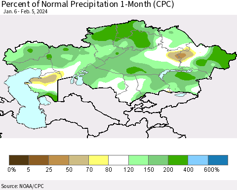 Kazakhstan Percent of Normal Precipitation 1-Month (CPC) Thematic Map For 1/6/2024 - 2/5/2024