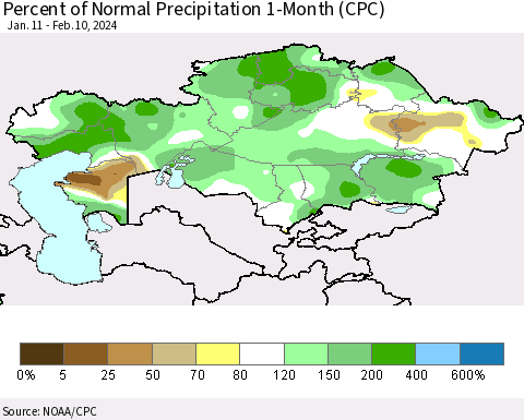 Kazakhstan Percent of Normal Precipitation 1-Month (CPC) Thematic Map For 1/11/2024 - 2/10/2024