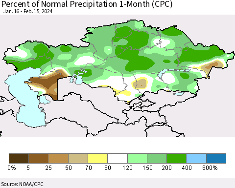 Kazakhstan Percent of Normal Precipitation 1-Month (CPC) Thematic Map For 1/16/2024 - 2/15/2024
