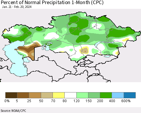 Kazakhstan Percent of Normal Precipitation 1-Month (CPC) Thematic Map For 1/21/2024 - 2/20/2024