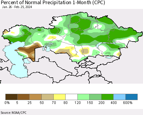 Kazakhstan Percent of Normal Precipitation 1-Month (CPC) Thematic Map For 1/26/2024 - 2/25/2024