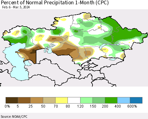 Kazakhstan Percent of Normal Precipitation 1-Month (CPC) Thematic Map For 2/6/2024 - 3/5/2024