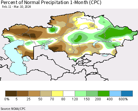 Kazakhstan Percent of Normal Precipitation 1-Month (CPC) Thematic Map For 2/11/2024 - 3/10/2024