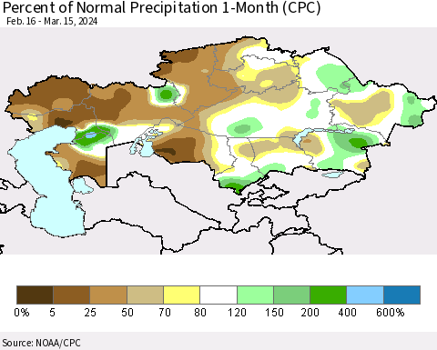 Kazakhstan Percent of Normal Precipitation 1-Month (CPC) Thematic Map For 2/16/2024 - 3/15/2024