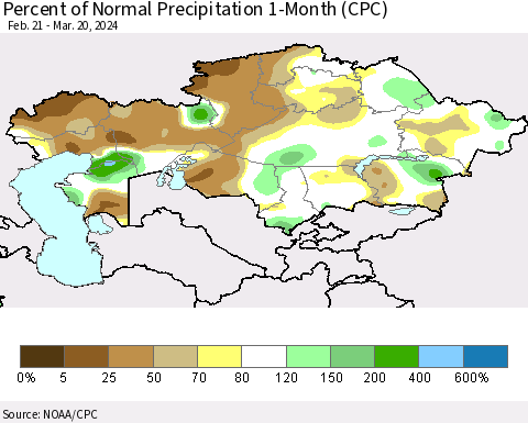 Kazakhstan Percent of Normal Precipitation 1-Month (CPC) Thematic Map For 2/21/2024 - 3/20/2024