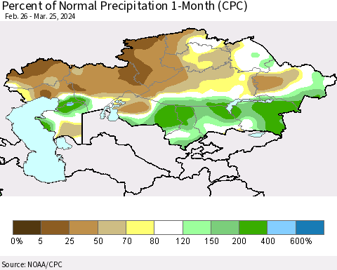 Kazakhstan Percent of Normal Precipitation 1-Month (CPC) Thematic Map For 2/26/2024 - 3/25/2024