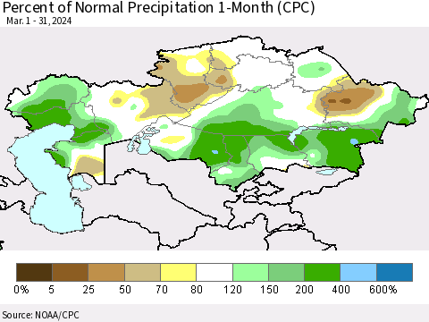 Kazakhstan Percent of Normal Precipitation 1-Month (CPC) Thematic Map For 3/1/2024 - 3/31/2024