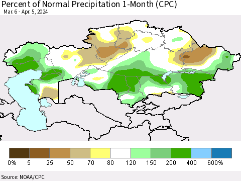Kazakhstan Percent of Normal Precipitation 1-Month (CPC) Thematic Map For 3/6/2024 - 4/5/2024
