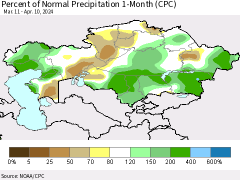 Kazakhstan Percent of Normal Precipitation 1-Month (CPC) Thematic Map For 3/11/2024 - 4/10/2024