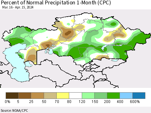 Kazakhstan Percent of Normal Precipitation 1-Month (CPC) Thematic Map For 3/16/2024 - 4/15/2024