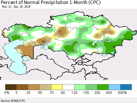Kazakhstan Percent of Normal Precipitation 1-Month (CPC) Thematic Map For 3/21/2024 - 4/20/2024