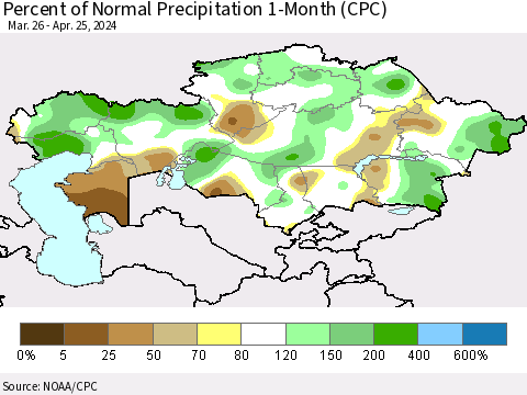 Kazakhstan Percent of Normal Precipitation 1-Month (CPC) Thematic Map For 3/26/2024 - 4/25/2024