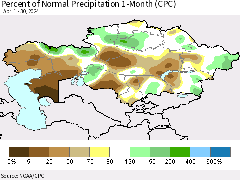 Kazakhstan Percent of Normal Precipitation 1-Month (CPC) Thematic Map For 4/1/2024 - 4/30/2024