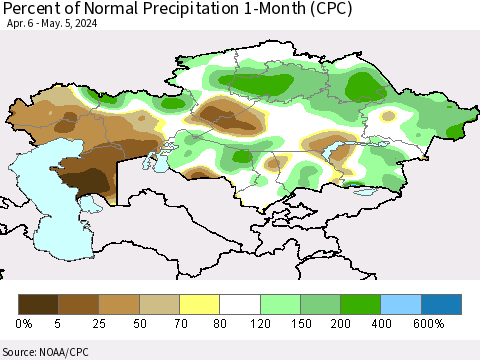 Kazakhstan Percent of Normal Precipitation 1-Month (CPC) Thematic Map For 4/6/2024 - 5/5/2024