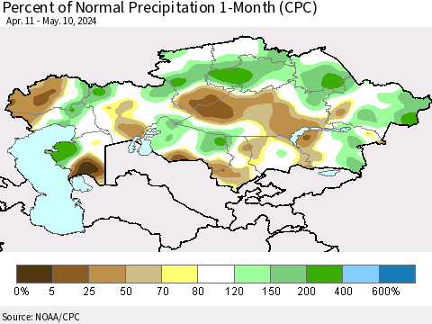 Kazakhstan Percent of Normal Precipitation 1-Month (CPC) Thematic Map For 4/11/2024 - 5/10/2024