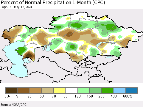 Kazakhstan Percent of Normal Precipitation 1-Month (CPC) Thematic Map For 4/16/2024 - 5/15/2024