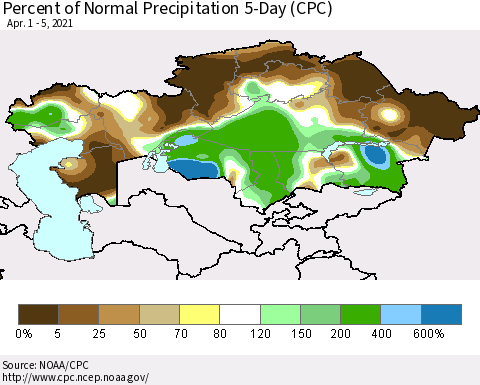 Kazakhstan Percent of Normal Precipitation 5-Day (CPC) Thematic Map For 4/1/2021 - 4/5/2021
