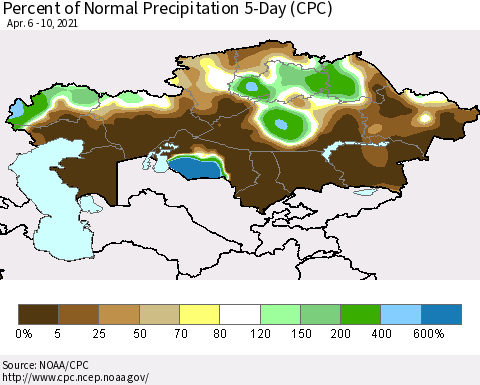 Kazakhstan Percent of Normal Precipitation 5-Day (CPC) Thematic Map For 4/6/2021 - 4/10/2021
