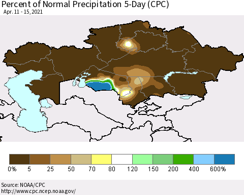 Kazakhstan Percent of Normal Precipitation 5-Day (CPC) Thematic Map For 4/11/2021 - 4/15/2021