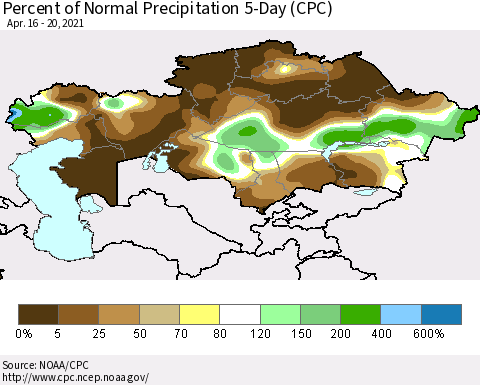 Kazakhstan Percent of Normal Precipitation 5-Day (CPC) Thematic Map For 4/16/2021 - 4/20/2021