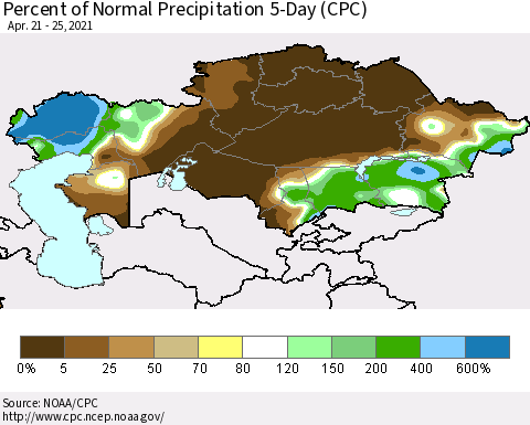 Kazakhstan Percent of Normal Precipitation 5-Day (CPC) Thematic Map For 4/21/2021 - 4/25/2021