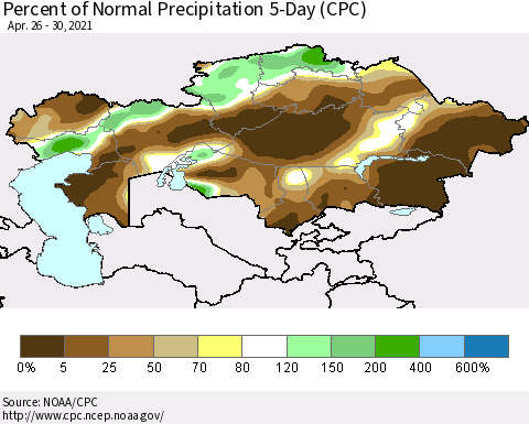 Kazakhstan Percent of Normal Precipitation 5-Day (CPC) Thematic Map For 4/26/2021 - 4/30/2021
