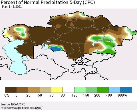 Kazakhstan Percent of Normal Precipitation 5-Day (CPC) Thematic Map For 5/1/2021 - 5/5/2021