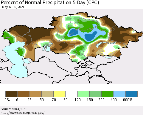 Kazakhstan Percent of Normal Precipitation 5-Day (CPC) Thematic Map For 5/6/2021 - 5/10/2021