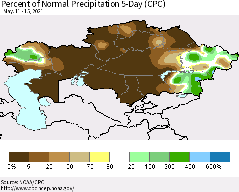 Kazakhstan Percent of Normal Precipitation 5-Day (CPC) Thematic Map For 5/11/2021 - 5/15/2021