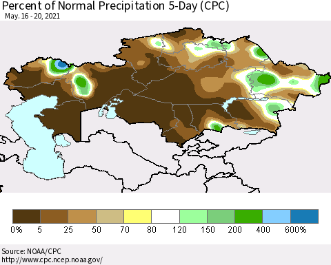 Kazakhstan Percent of Normal Precipitation 5-Day (CPC) Thematic Map For 5/16/2021 - 5/20/2021