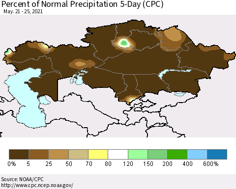 Kazakhstan Percent of Normal Precipitation 5-Day (CPC) Thematic Map For 5/21/2021 - 5/25/2021