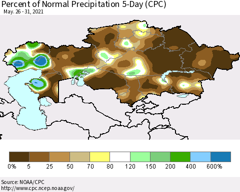 Kazakhstan Percent of Normal Precipitation 5-Day (CPC) Thematic Map For 5/26/2021 - 5/31/2021
