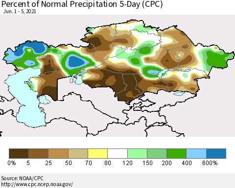Kazakhstan Percent of Normal Precipitation 5-Day (CPC) Thematic Map For 6/1/2021 - 6/5/2021