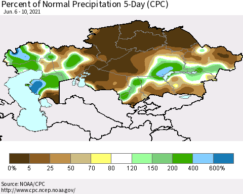 Kazakhstan Percent of Normal Precipitation 5-Day (CPC) Thematic Map For 6/6/2021 - 6/10/2021