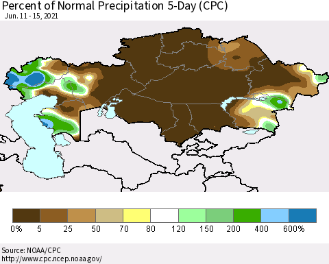 Kazakhstan Percent of Normal Precipitation 5-Day (CPC) Thematic Map For 6/11/2021 - 6/15/2021