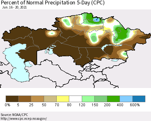Kazakhstan Percent of Normal Precipitation 5-Day (CPC) Thematic Map For 6/16/2021 - 6/20/2021
