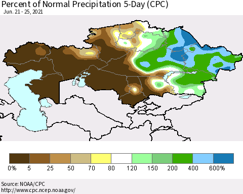 Kazakhstan Percent of Normal Precipitation 5-Day (CPC) Thematic Map For 6/21/2021 - 6/25/2021